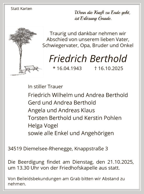 Traueranzeige von Friedrich Berthold von WLZ