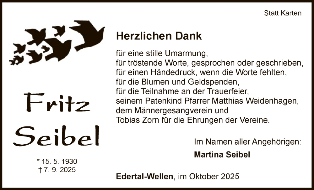  Traueranzeige für Fritz Seibel vom 18.10.2025 aus WLZ