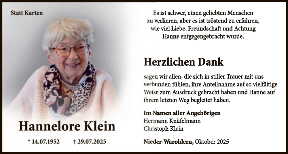  Traueranzeige für Hannelore Klein vom 25.10.2025 aus WLZ