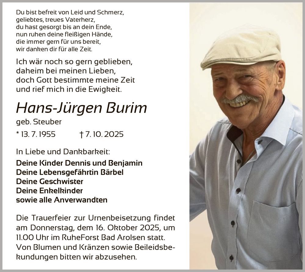  Traueranzeige für Hans-Jürgen Burim vom 11.10.2025 aus WLZ