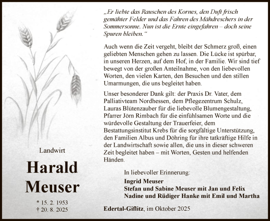 Traueranzeige von Harald Meuser von WLZ