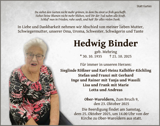 Traueranzeige von Hedwig Binder von WLZ