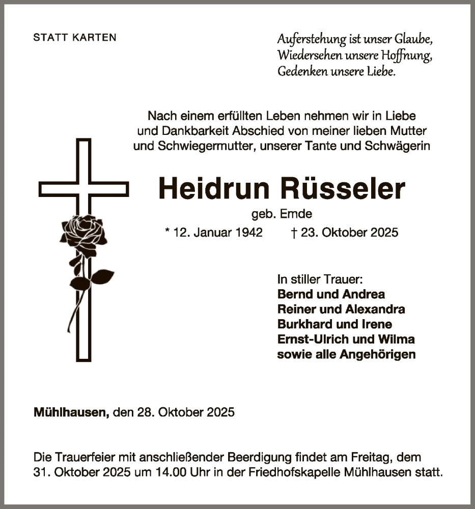  Traueranzeige für Heidrun Rüsseler vom 28.10.2025 aus WLZ