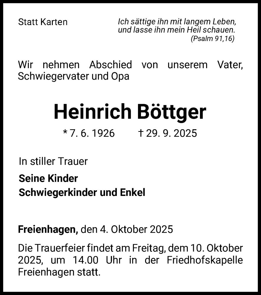  Traueranzeige für Heinrich Böttger vom 04.10.2025 aus WLZ