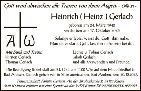 Traueranzeige von Heinrich Gerlach von WLZ