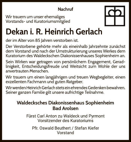 Traueranzeige von Heinrich Gerlach von WLZ