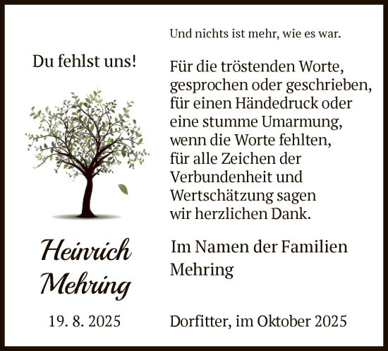 Traueranzeige von Heinrich Mehring von WLZ