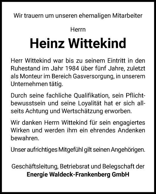 Traueranzeige von Heinz Wittekind von WLZ