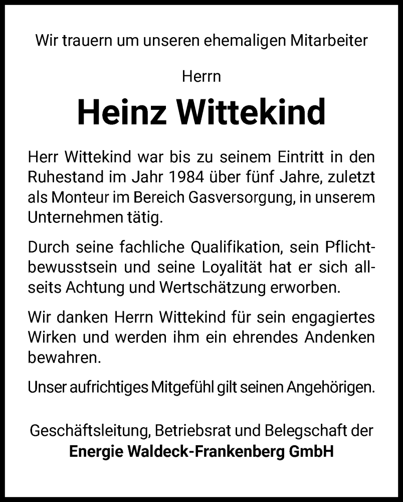 Traueranzeige für Heinz Wittekind vom 04.10.2025 aus WLZ