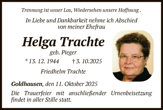 Traueranzeige von Helga Trachte von WLZ