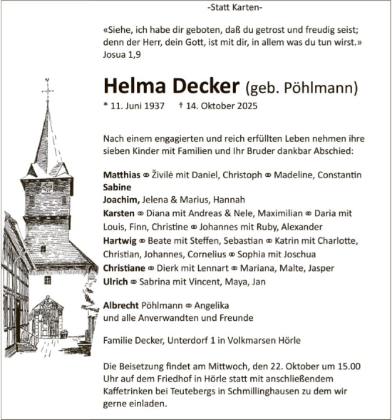Traueranzeige von Helma Decker von WLZ