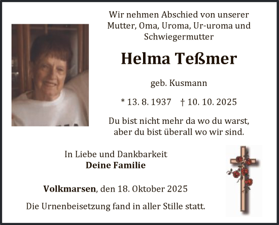 Traueranzeige von Helma Teßmer von WLZ
