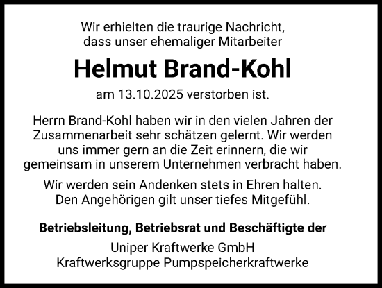 Traueranzeige von Helmut Brand-Kohl von WLZ