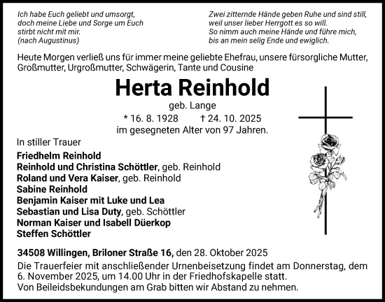 Traueranzeige von Herta Reinhold von WLZ