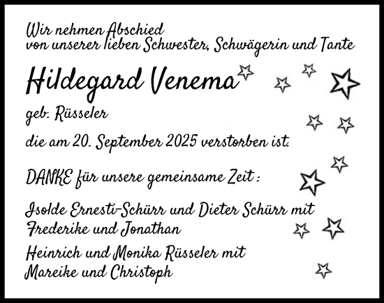 Traueranzeige von Hildegard Venema von WLZ