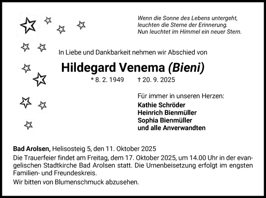 Traueranzeige von Hildegard Venema von WLZ
