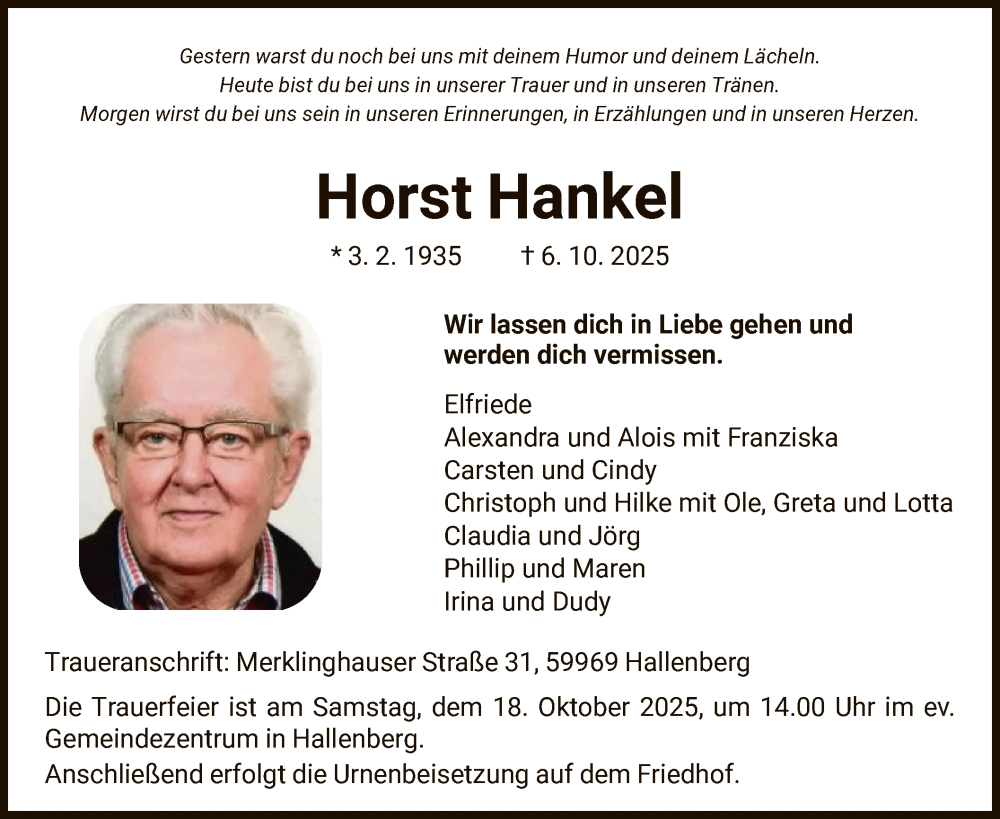  Traueranzeige für Horst Hankel vom 11.10.2025 aus WLZ