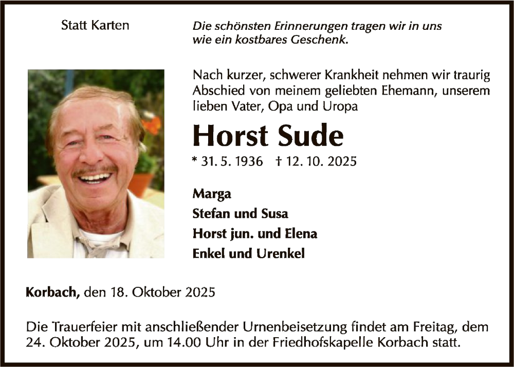  Traueranzeige für Horst Sude vom 18.10.2025 aus WLZ