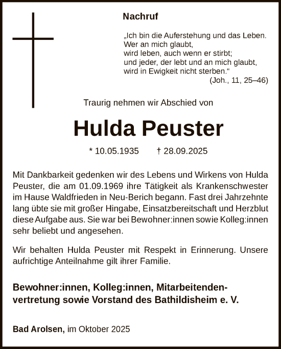 Traueranzeige von Hulda Peuster von WLZ