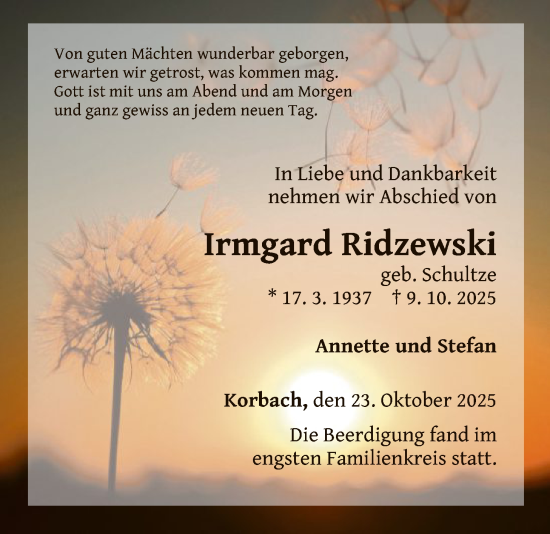 Traueranzeige von Irmgard Ridzewski von WLZ