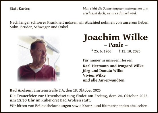 Traueranzeige von Joachim Wilke von WLZ