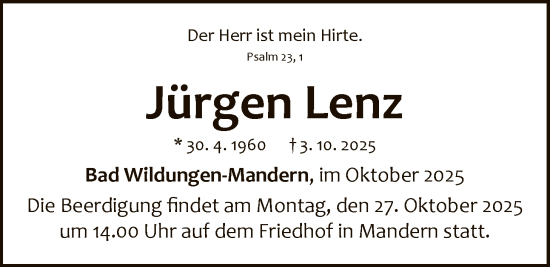 Traueranzeige von Jürgen Lenz von WLZ