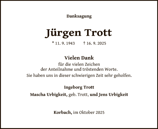 Traueranzeige von Jürgen Trott von WLZ