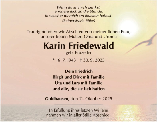 Traueranzeige von Karin Friedewald von WLZ