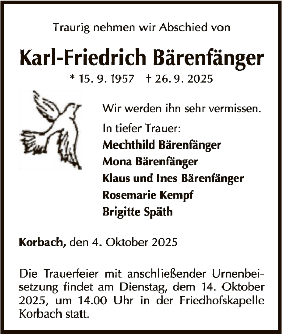Traueranzeige von Karl-Friedrich Bärenfanger von WLZ