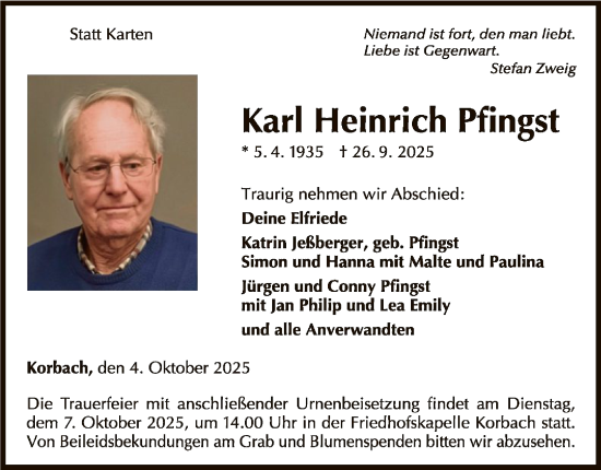 Traueranzeige von Karl Heinrich Pfingst von WLZ