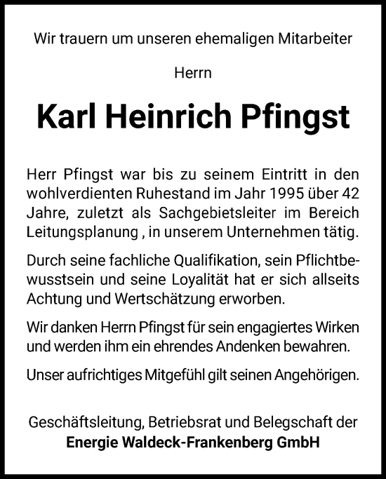 Traueranzeige von Karl Heinrich Pfingst von WLZ