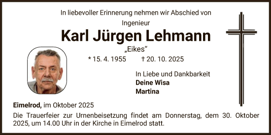 Traueranzeige von Karl Jürgen Lehmann von WLZ
