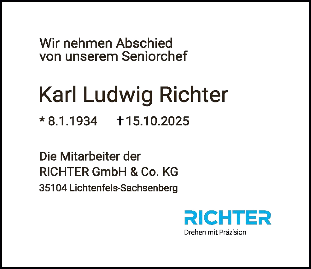  Traueranzeige für Karl Ludwig Richter vom 22.10.2025 aus HNAWLZ