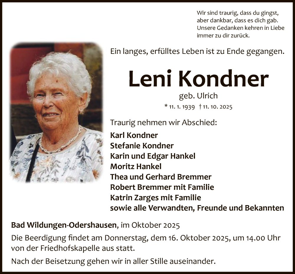  Traueranzeige für Leni Kondner vom 14.10.2025 aus WLZ