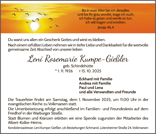 Traueranzeige von Leni Rosemarie Kumpe-Gießler von WLZ