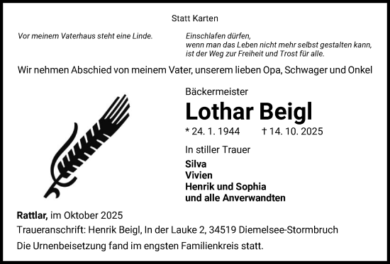 Traueranzeige von Lothar Beigl von WLZ