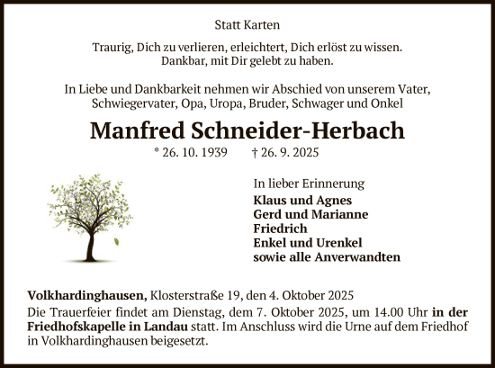 Traueranzeige von Manfred Schneider-Herbach von WLZ