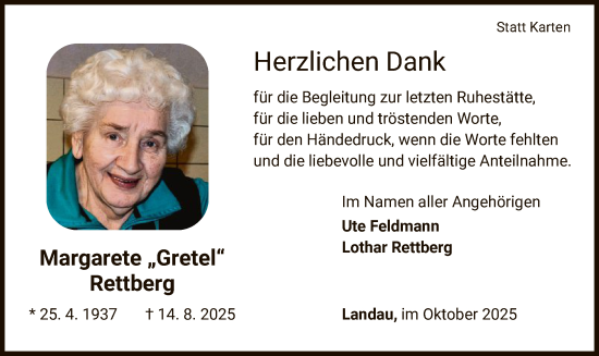 Traueranzeige von Margarete Rettberg von WLZ