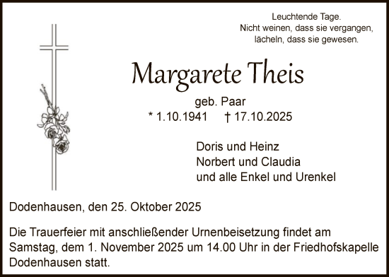 Traueranzeige von Margarete Theis von WLZHNA