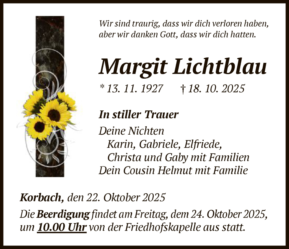  Traueranzeige für Margit Lichtblau vom 22.10.2025 aus WLZ
