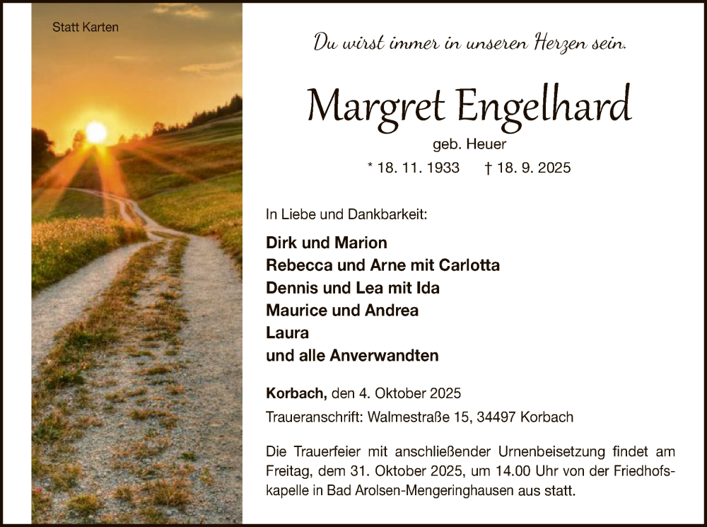  Traueranzeige für Margret Engelhard vom 04.10.2025 aus WLZ