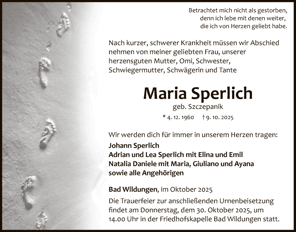  Traueranzeige für Maria Sperlich vom 25.10.2025 aus WLZ