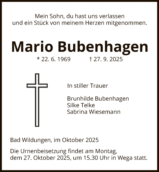 Traueranzeige von Mario Bubenhagen von WLZ
