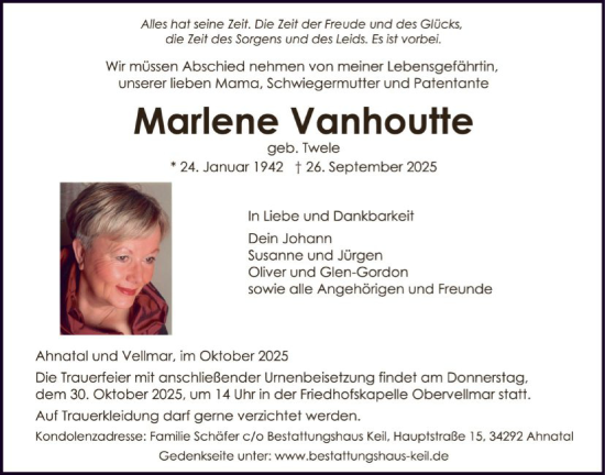 Traueranzeige von Marlene Vanhoutte von HNAWLZ
