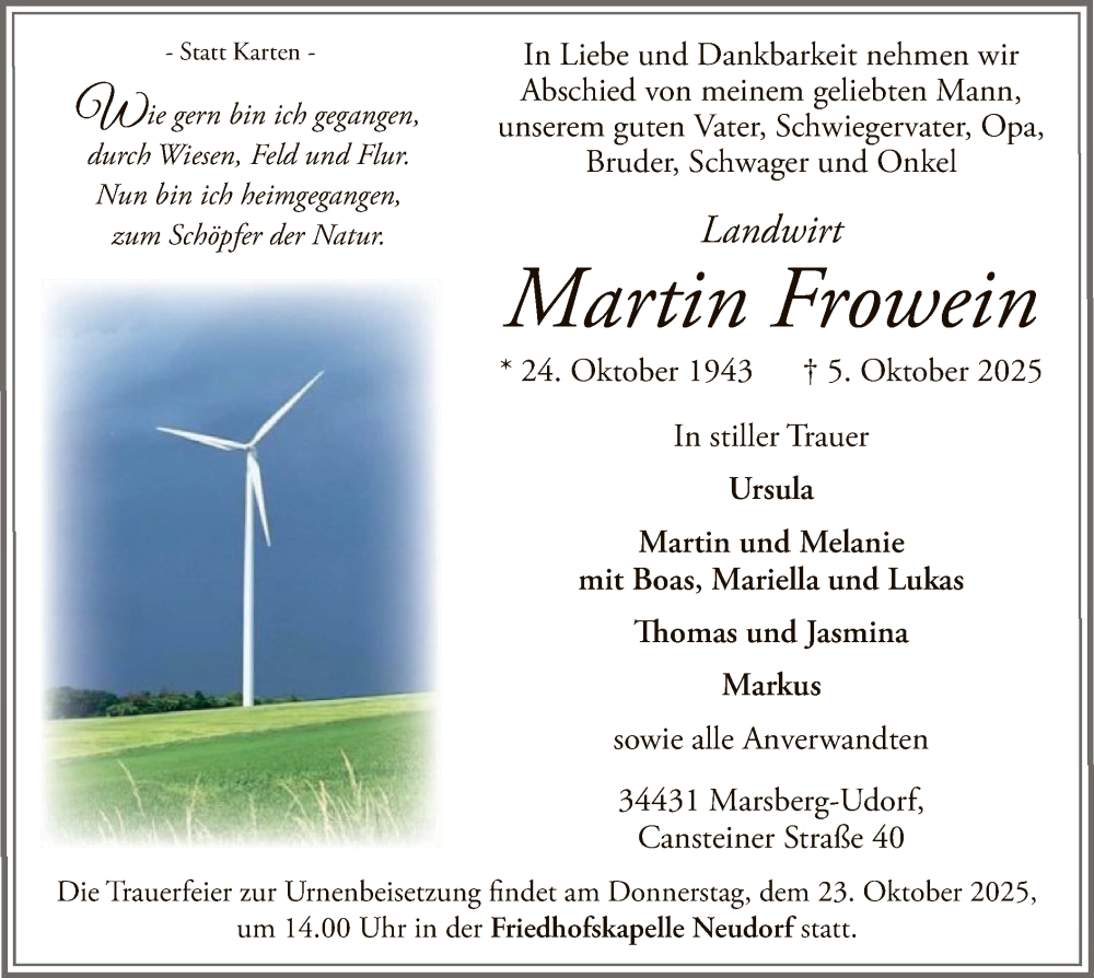  Traueranzeige für Martin Frowein vom 11.10.2025 aus WLZ