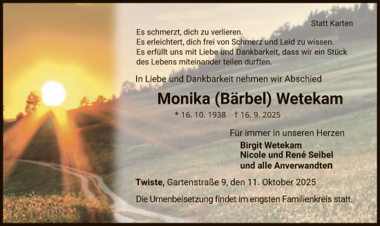 Traueranzeige von Monika Wetekam von WLZ