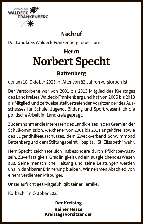 Traueranzeige von Norbert Specht von WLZHNA