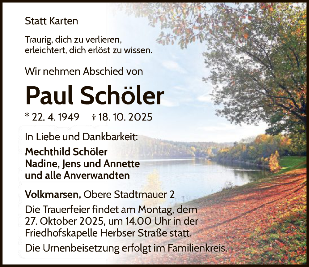  Traueranzeige für Paul Schöler vom 24.10.2025 aus WLZ