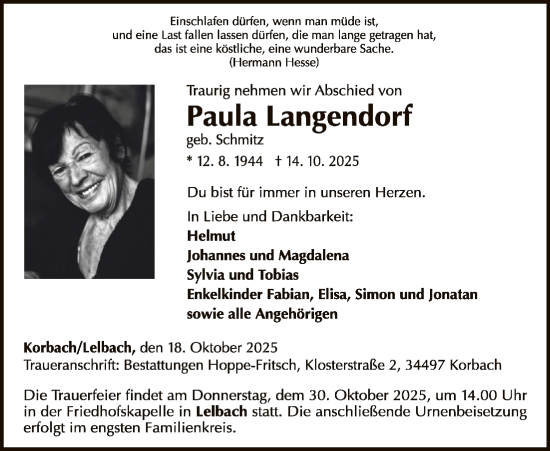 Traueranzeige von Paula Langendorf von WLZ