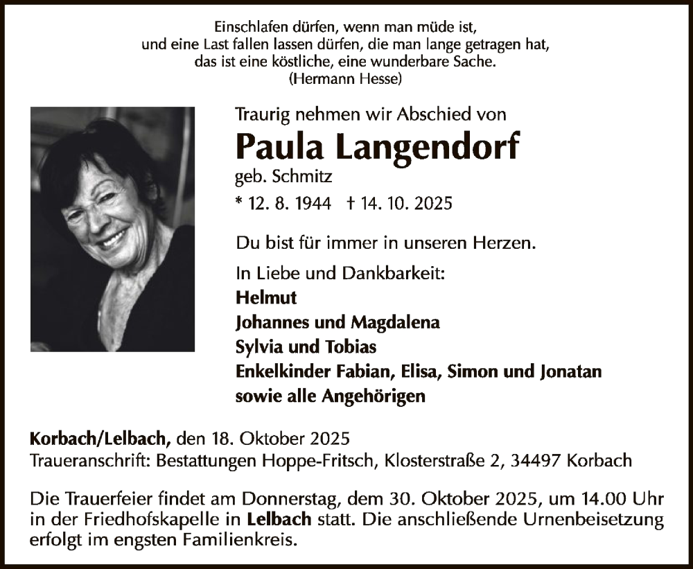  Traueranzeige für Paula Langendorf vom 18.10.2025 aus WLZ